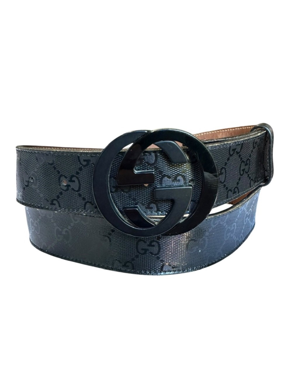 Authentic GUCCI Leather Belt With Black GG Interlocking Imprime Canvas 48 Large